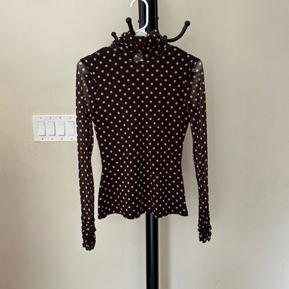 INC Fitted Stretchy Brown Mesh Polka Dot Long Sleeve High Roched Neckline Blouse - Picture 1 of 11